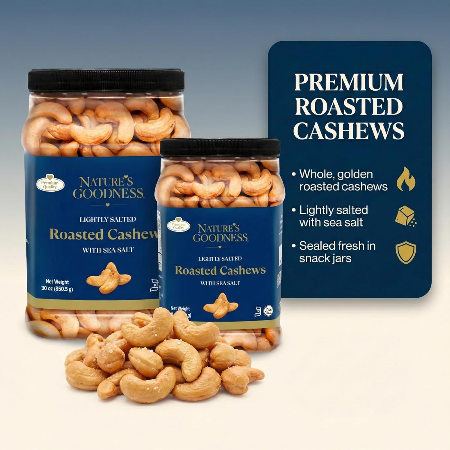 Nature’s Goodness Whole Roasted Cashew Nuts - Lightly Salted with Sea Salt, 30 oz Bulk Jar (1.87 lbs) - No Oil Added, Keto Friendly, Plant-Based Healthy Snack, Halal & Kosher