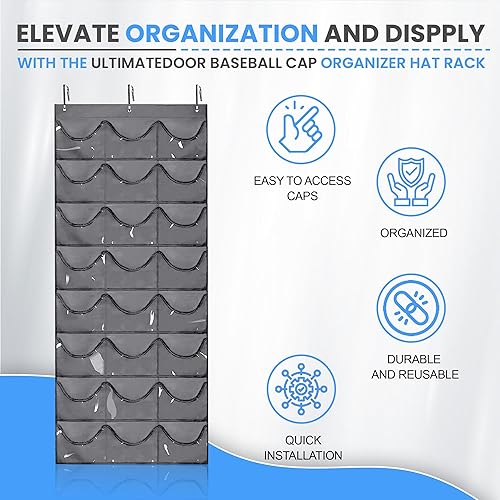 Miniatura 4 de Perchero para sombreros, organizador para pared o puerta, 24 bolsillos profundos transparentes, almacenamiento para gorras de béisbol, ganchos