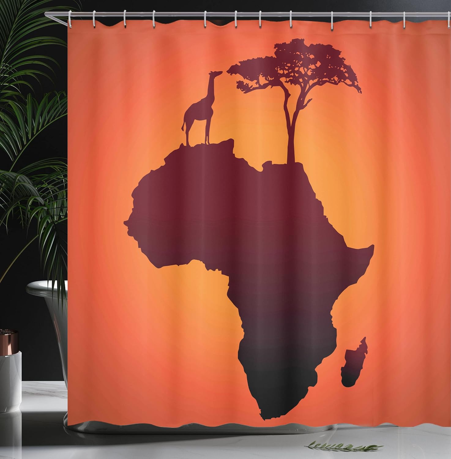 Ambesonne African Shower Curtain, Savannah Map Continent Giraffe and Tree Silhouette Wild Design Illustration, Cloth Fabric Bathroom Decor Set with Hooks, 69" W x 75" L, Orange and Brown