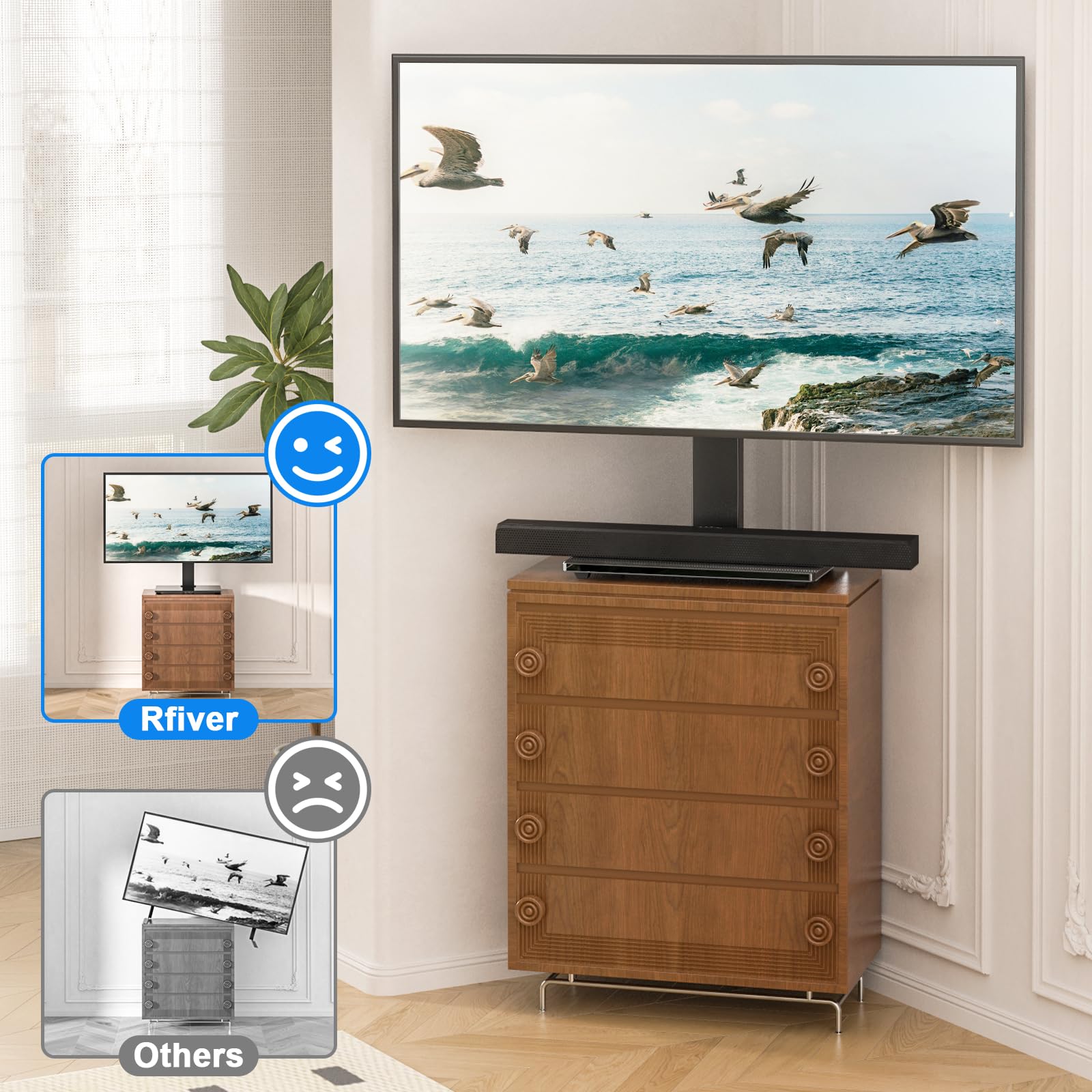 Rfiver Supporto universale girevole per TV da tavolo per TV LCD da 37 a 65,70,75 pollici fino a 49,9 kg - Supporto centrale regolabile in altezza con base in vetro temperato resistente