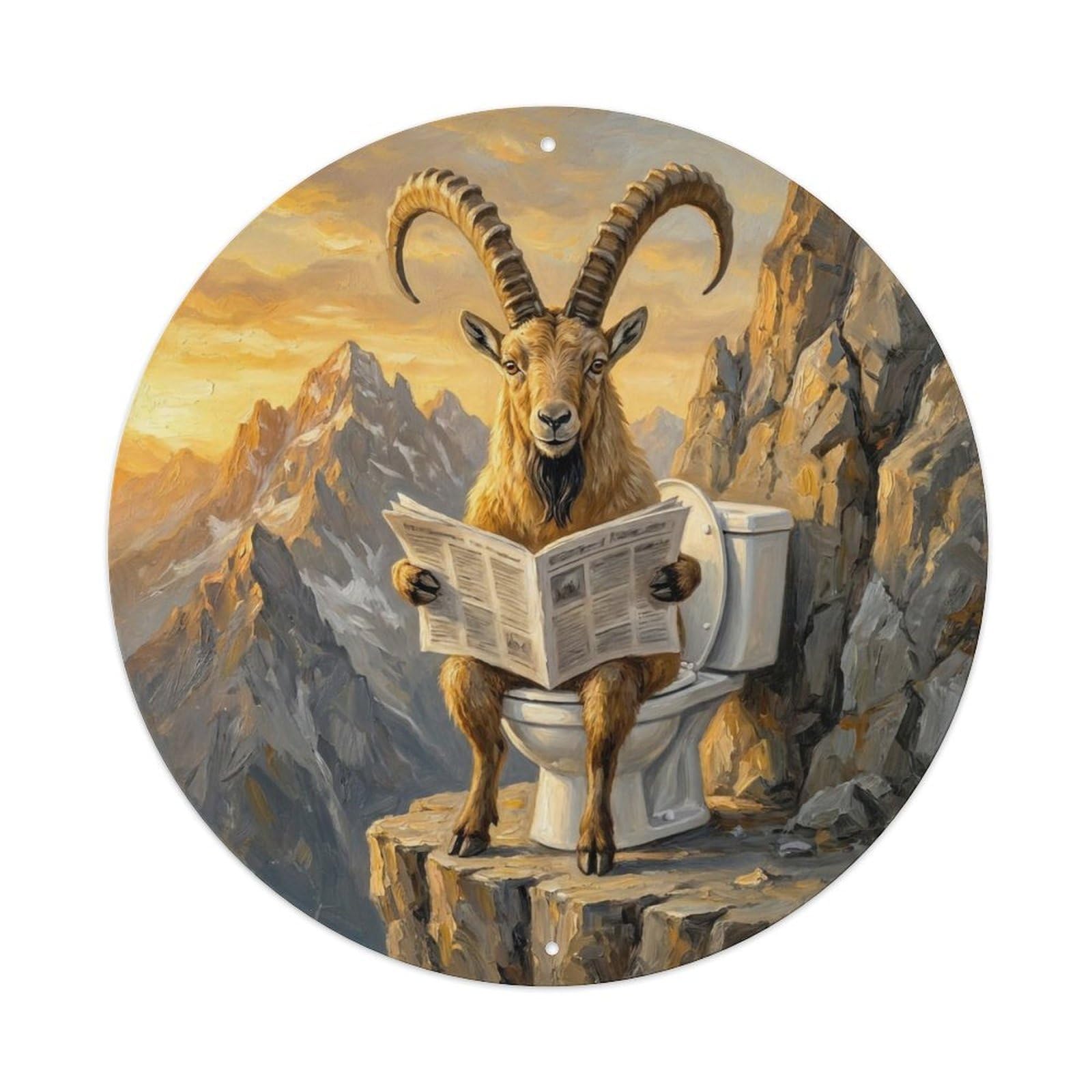 Ibex On Toilet Humorous Bathroom Cliff Dawn Reads Metal Tin Sign