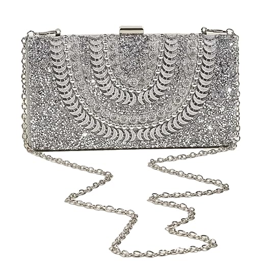 Bolsa Clutch Festa Feminina Prata Full Diamond Mão Ombro Transversal Com Correntes Removíveis