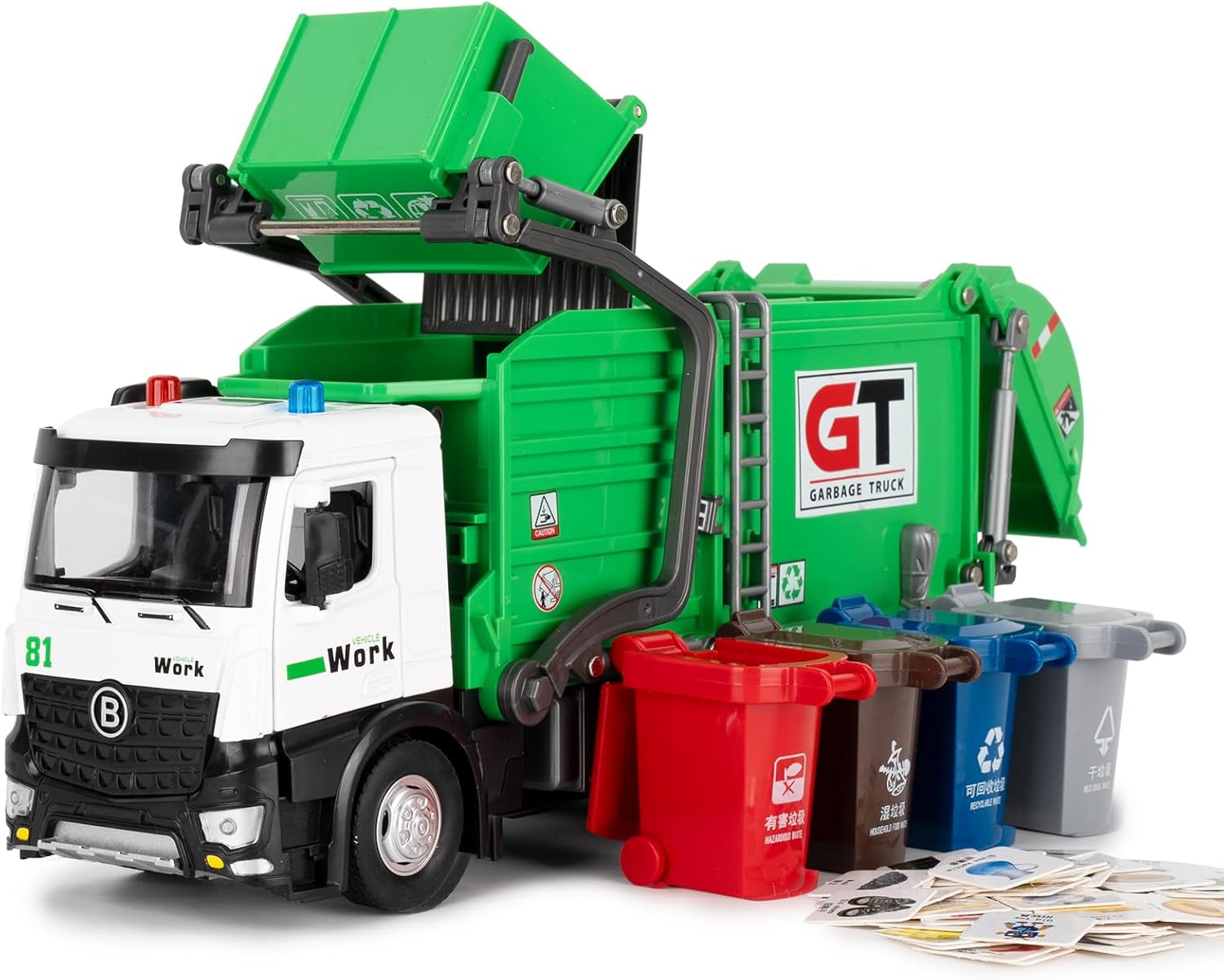 Garbage Truck Toys for Kids, Pull Back Big Green Car Toy with Lights and Sounds, Educational Trash Truck Toy Vehicle with 4 Trash Cans and Sorting Cards Gift for Kids