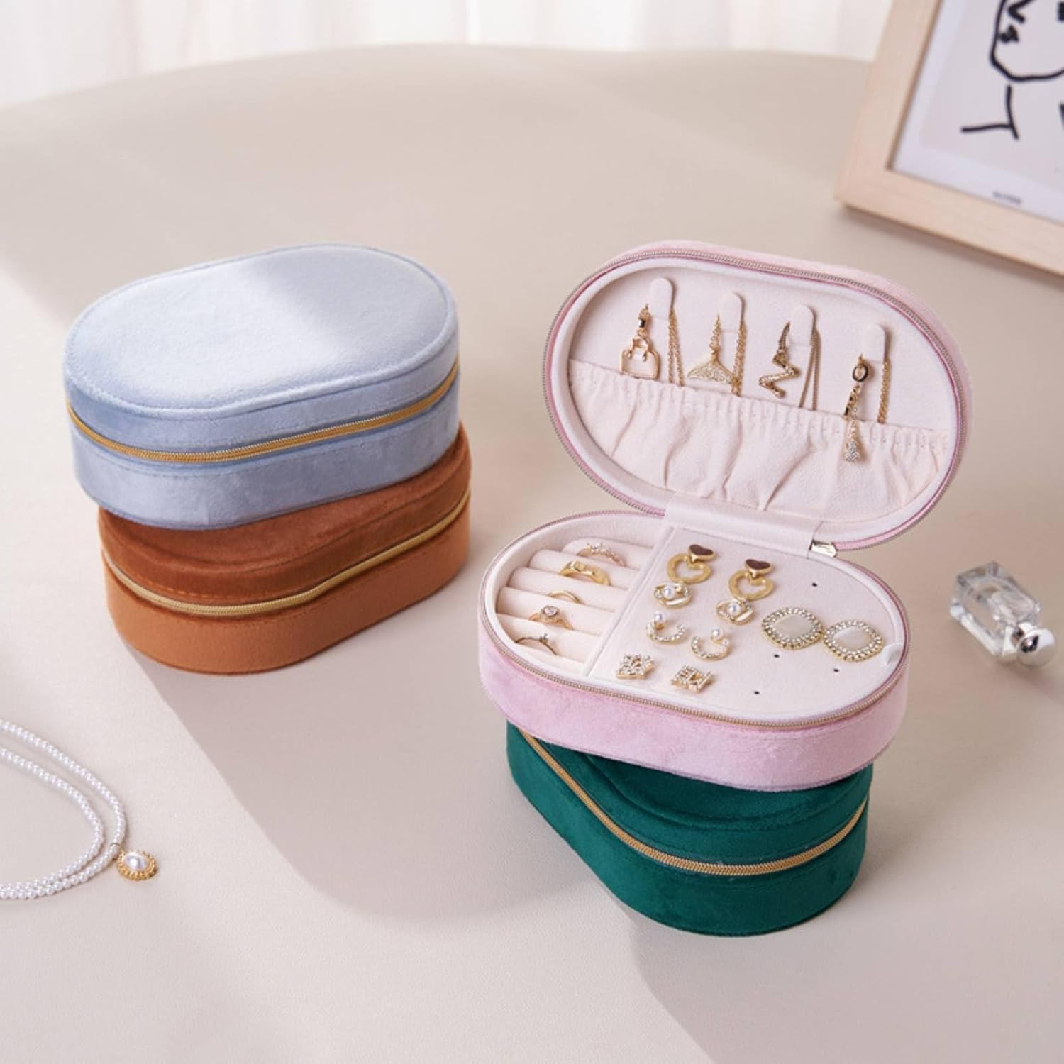 Jewelry Organizer Compact Jewelry Case Holder With Velvet And Smooth Lining Removable Divider Zipper Closure Slots Necklace Hooks Elastic Pockets, Pink image 5