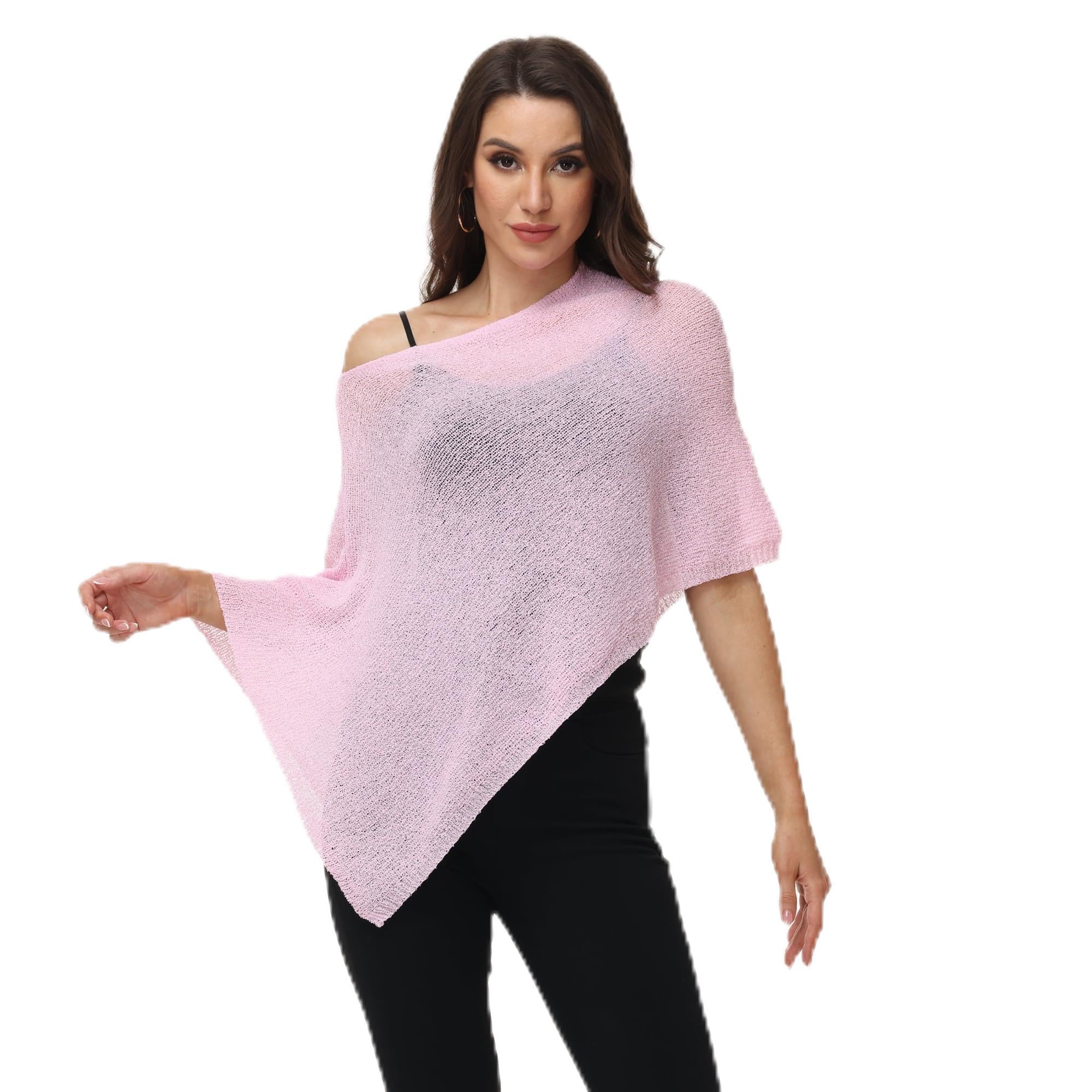 Ladiery Women's Pink Sheer Poncho Top Swimsuit Cover Up - Asymmetrical Shrug For Evening Dresses, Formal Beach & Resort Cape (Pink)