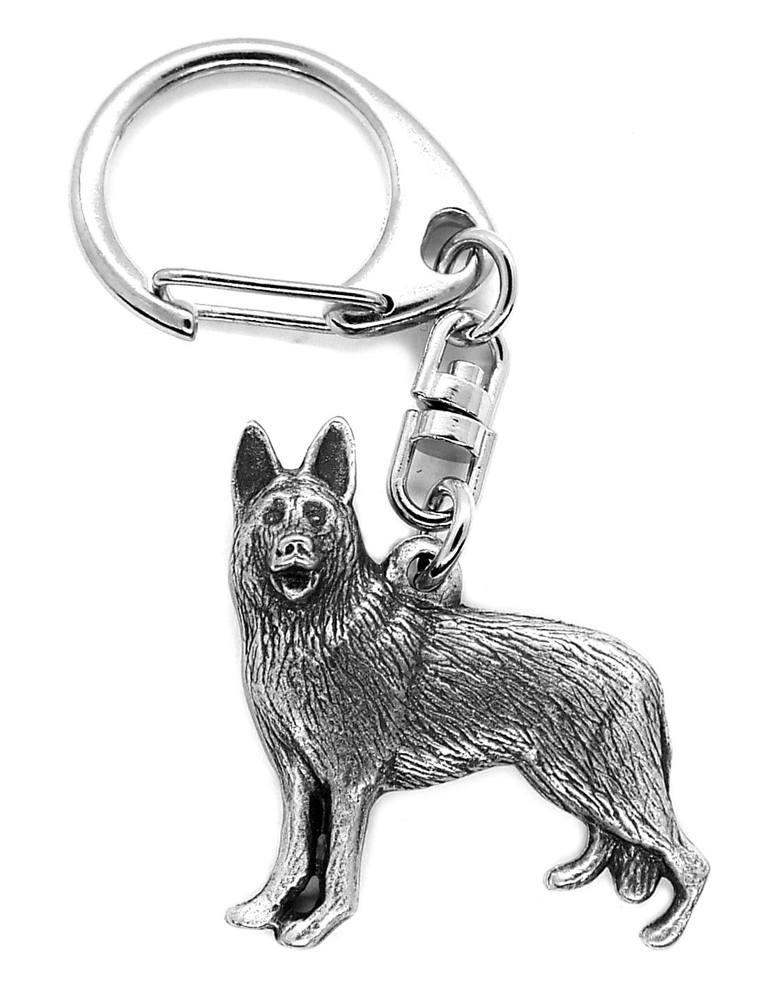 German Shepherd Alsatian Dog Pewter Pushgate Keyring in a Grey Burlap Gift Pouch.