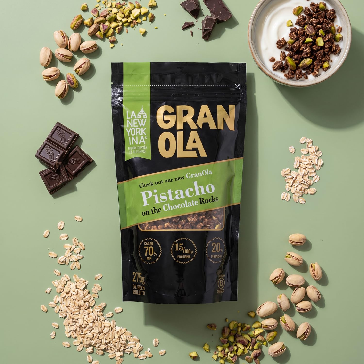 La Newyorkina Granola Pistacho On The Chocolate Rocks 275g Con Pistacho y Chocolate mínimo 70%