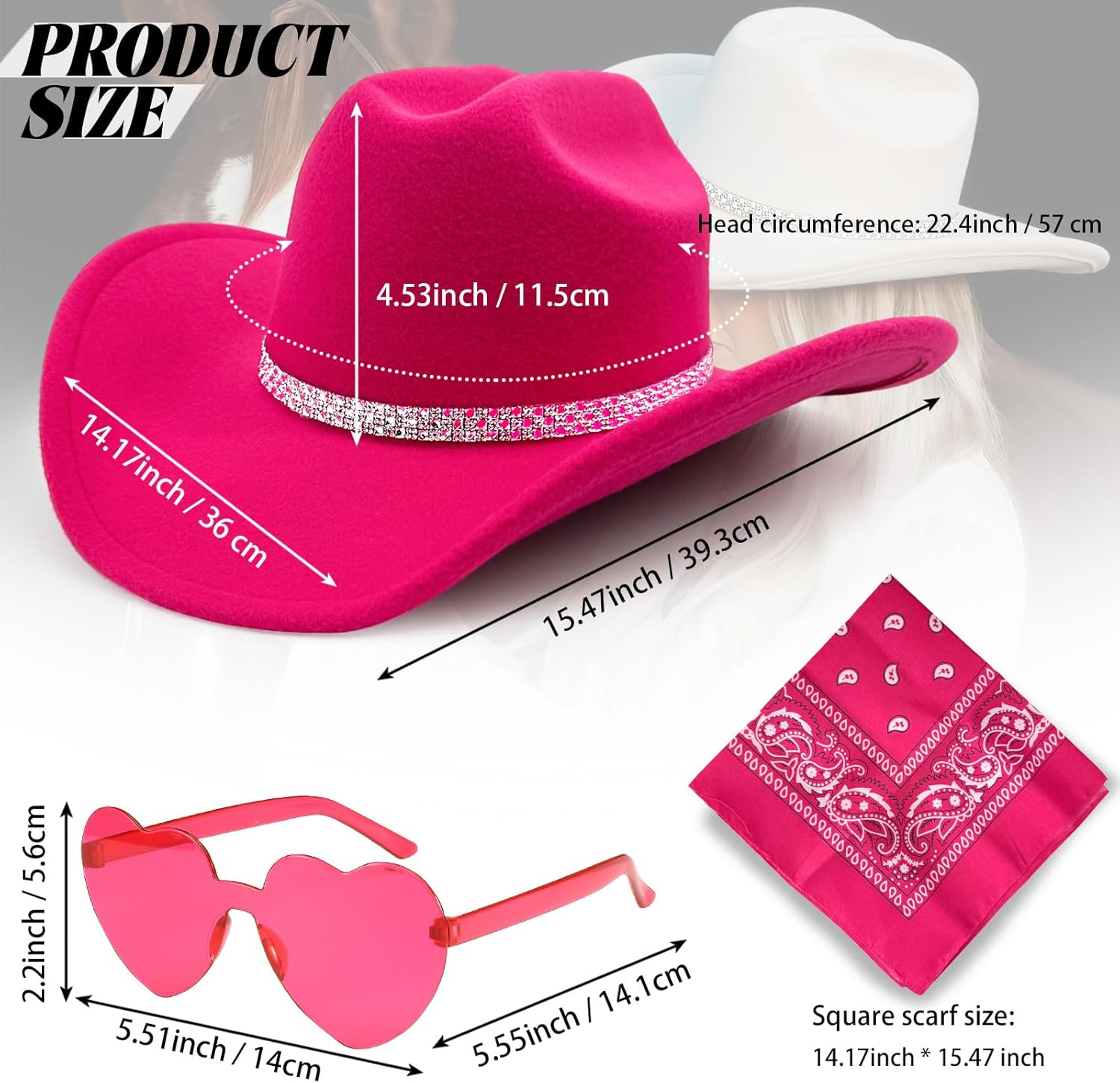 3Pcs Rhinestone Cowboy Hat for Women with Bandana, Heart Sunglasses set, Wide Brim Cowgirl Hat for Western Disco Party - Image 5