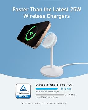 Anker MagGo Wireless Charger, 15W Fast Charging MagSafe Charger Compatible Wireless Charging Stand with USB-C Cable, Qi2 Wireless Charger, For iPhone 16/15/14/13 Series and AirPods (No AC Adapter)
