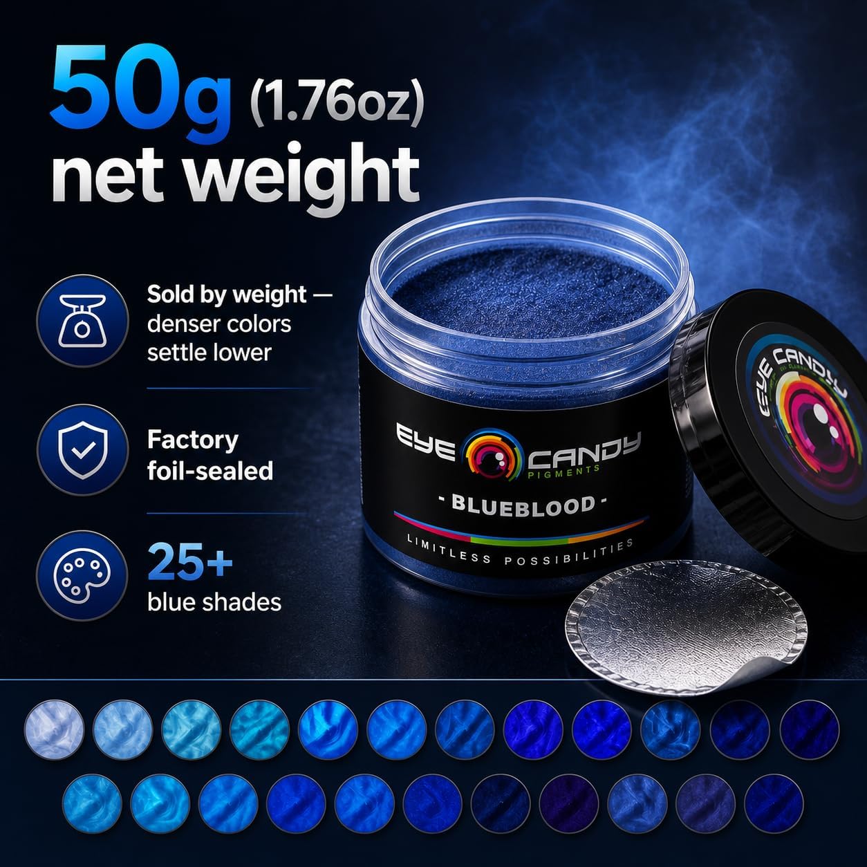 Eye Candy Pigments Premium Blue Mica Powder - Blueblood (25gr) - for Epoxy, Resin, Soap, Paint, Woodworking, Acrylic Pouring, Bath Bombs, Fishing Lures - DIY Arts and Crafts Additive