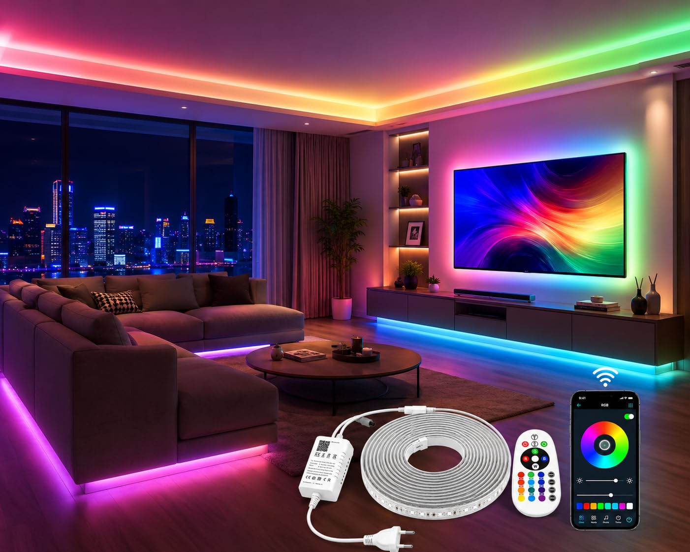 ONSSI Tiras LED 220V RGB Multicolor 15M, IP65, SMD5050, 60 LED/m, con Controlador Bluetooth, Control por APP y Mando a Distancia