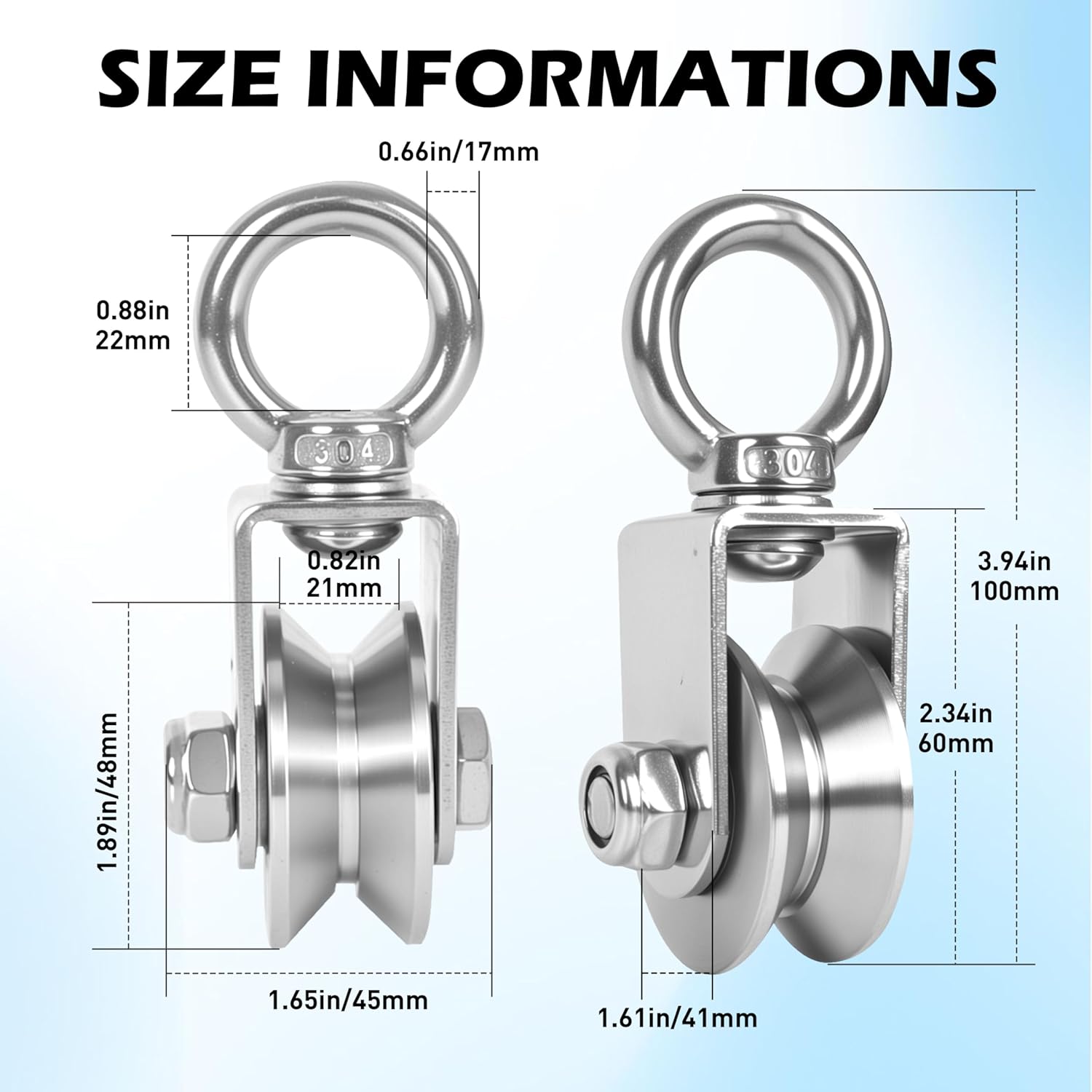 2 Pack Cable Pulley Wheel,304 Stainless Steel Swivel Pulley for Cable,U Groove with Ball Bearing Detachable 360 Degree Rotation,for Pulley System,Gym Equipment,Clothesline (48mm V Groove, 2)