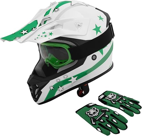 XFMT - Juego de casco DOT con gafas y guantes para motocross, cuatrimoto y vehículos todoterreno para niños y jóvenes, casco Mx, estrella verde