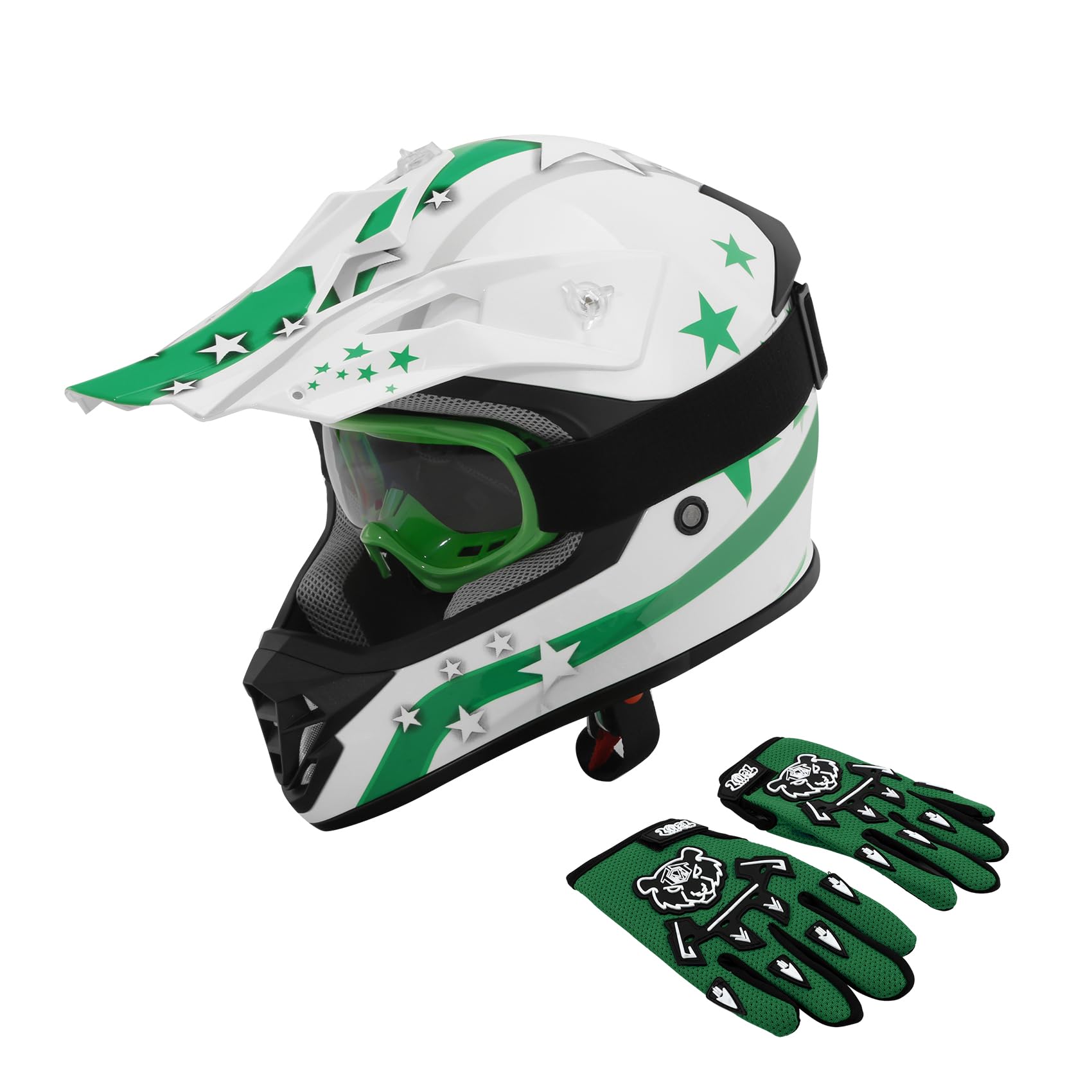 XFMT DOT Youth Kids Motocross Offroad Street Dirt Bike Helmet Goggles Gloves ATV Mx Helmet, Green Star