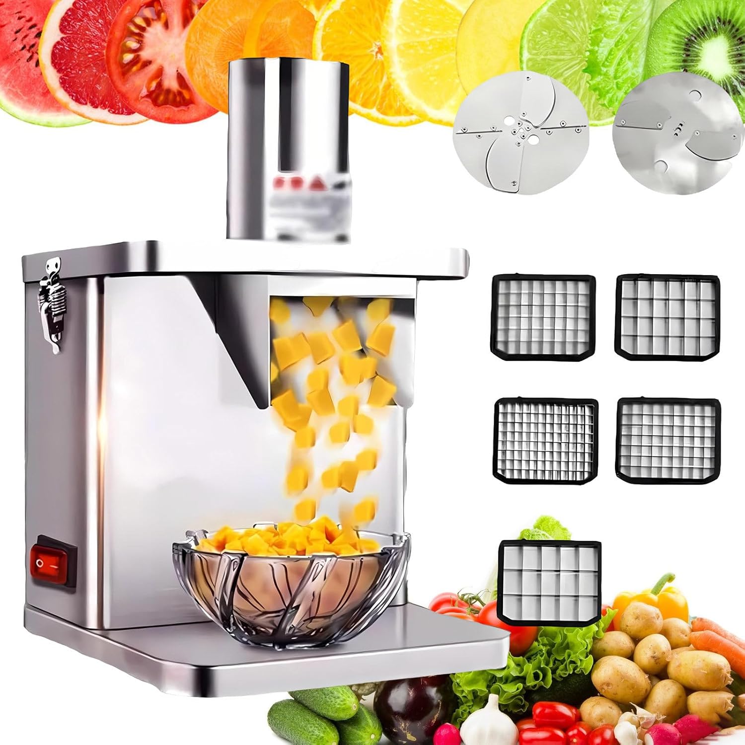 3-in-1 Electric Vegetable Chopper & Slicer, Multifunctional Automatic Dicer, Large Feed Port Fruit Shredder, Multi-Blade Food Processor for Quick Meal Prep
