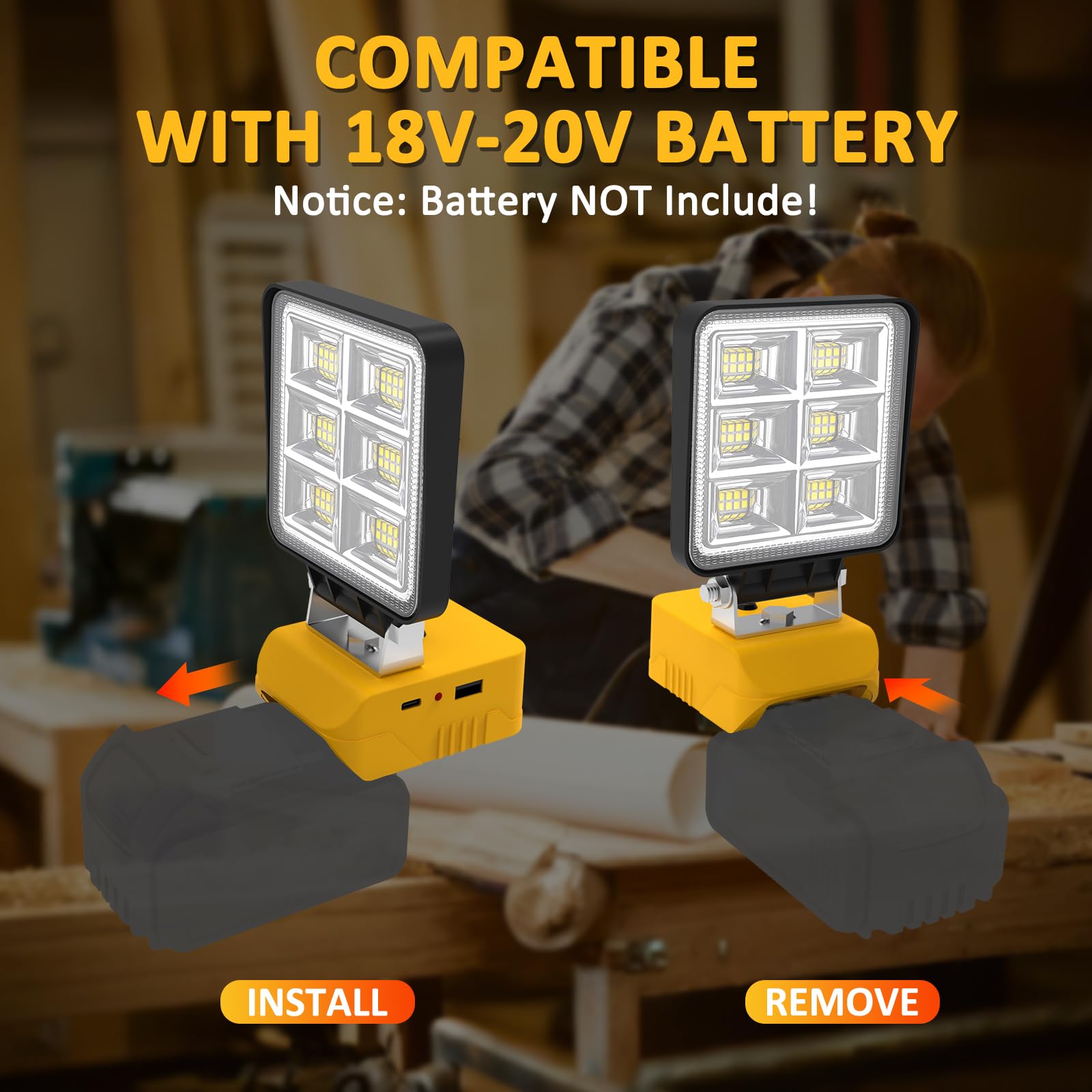Luces LED Trabajo Compatible con Dewalt Batería 18V, T-SUNUS Lámparas de Trabajo Portátiles, 48W Foco LED Recargable 2 Brillos, para Jardines Camping Pesca Garajes Emergencia, 2 Piezas (Sin Batería)