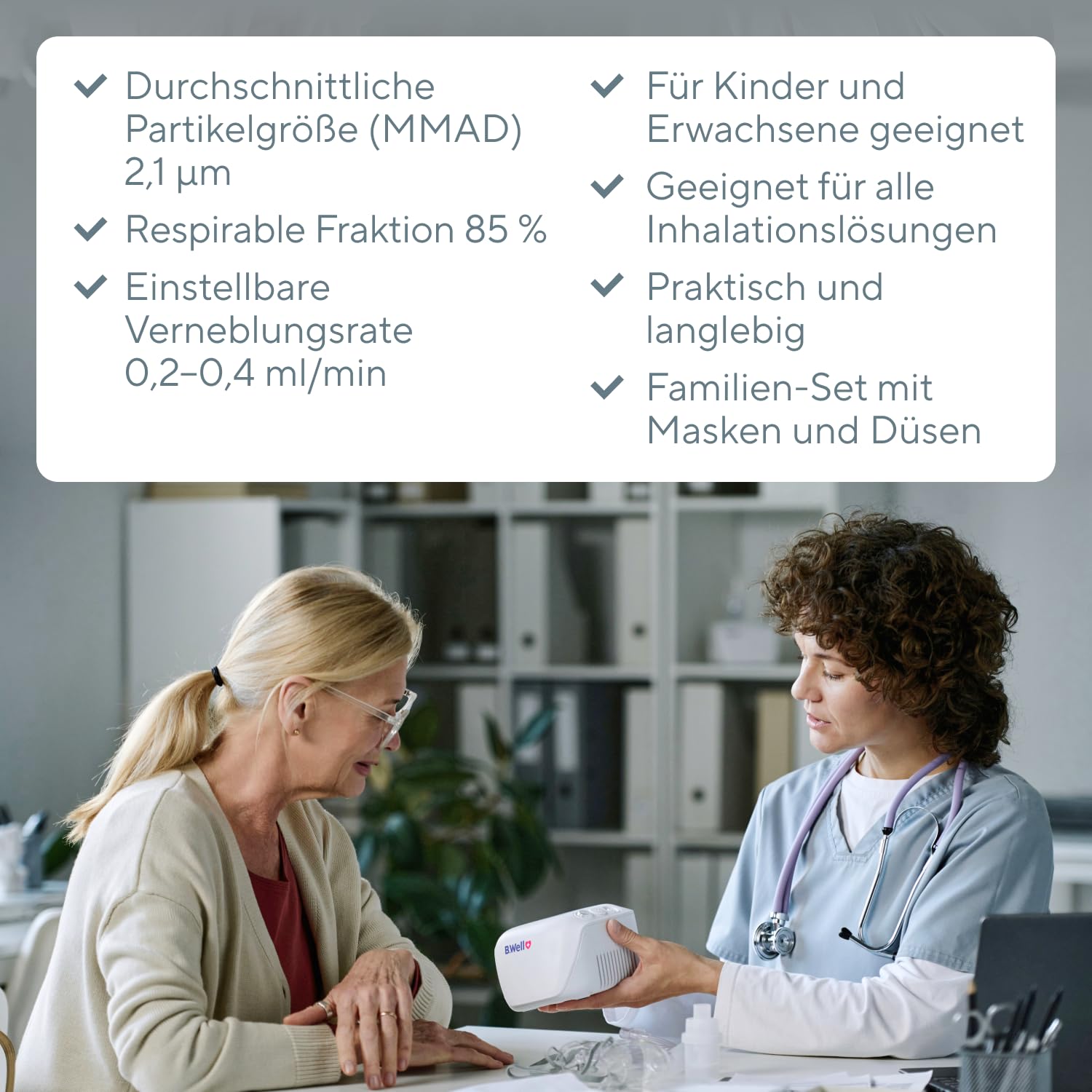 B.Well Swiss Kompressor-Inhalator MED-130, Medizinisch effiziente Atemtherapie, Einstellbarer Vernebler-Inhalator für Kinder und Erwachsene, Schweizer Qualität, Mit 2 Masken und Mundstück