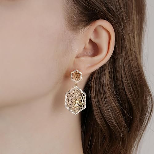 Vista 2 de Bumble Bee Earrings Honeycomb Earrings For Women Geometric Hexagon Honeycomb Dangle Earrings CZ Zircon Drop Earrings Christmas Gifts