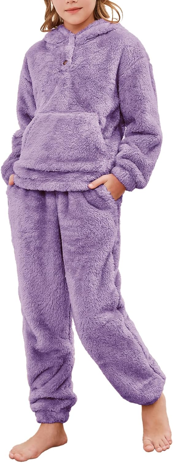 Flygo Girls 2 Piece Fuzzy Pants Sets Bear Ear Sweatshirt Hoodie Fleece Sweatpants Kids Fluffy Clothing Sets with Pockets