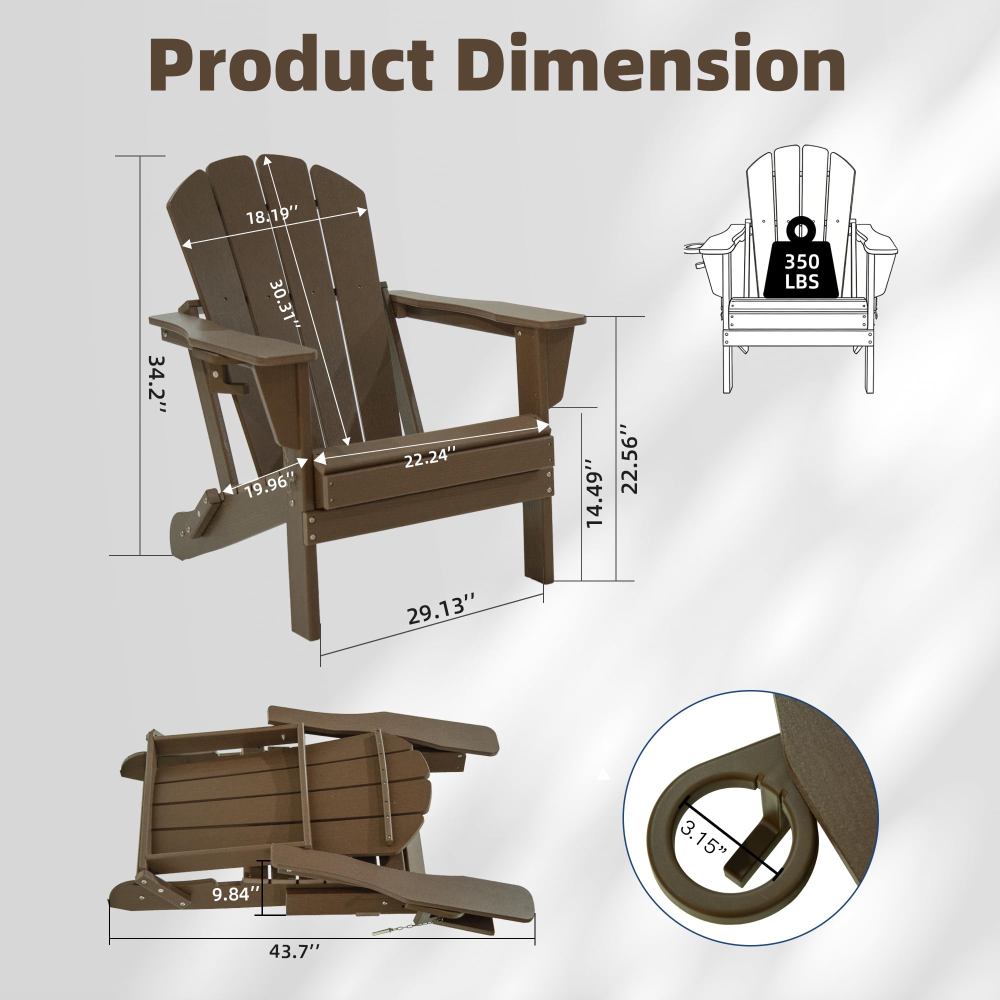 Domi Klappbarer Adirondack-Stuhl, HDPE-Witterungsbeständiger Außenstuhl mit Getränkehalter, holztexturierter Feuerstellenstuhl für Garten, Terrasse, Poolbereich & Deck, Braun