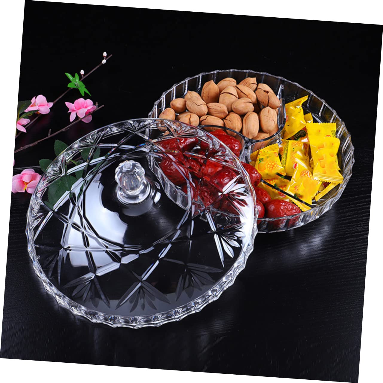 Mikikit Caja de Aperitivos Redonda de Acrílico con 3 Compartimentos, Ligera y Práctica para Nueces y Frutas, Adecuado para Fiestas Ocio