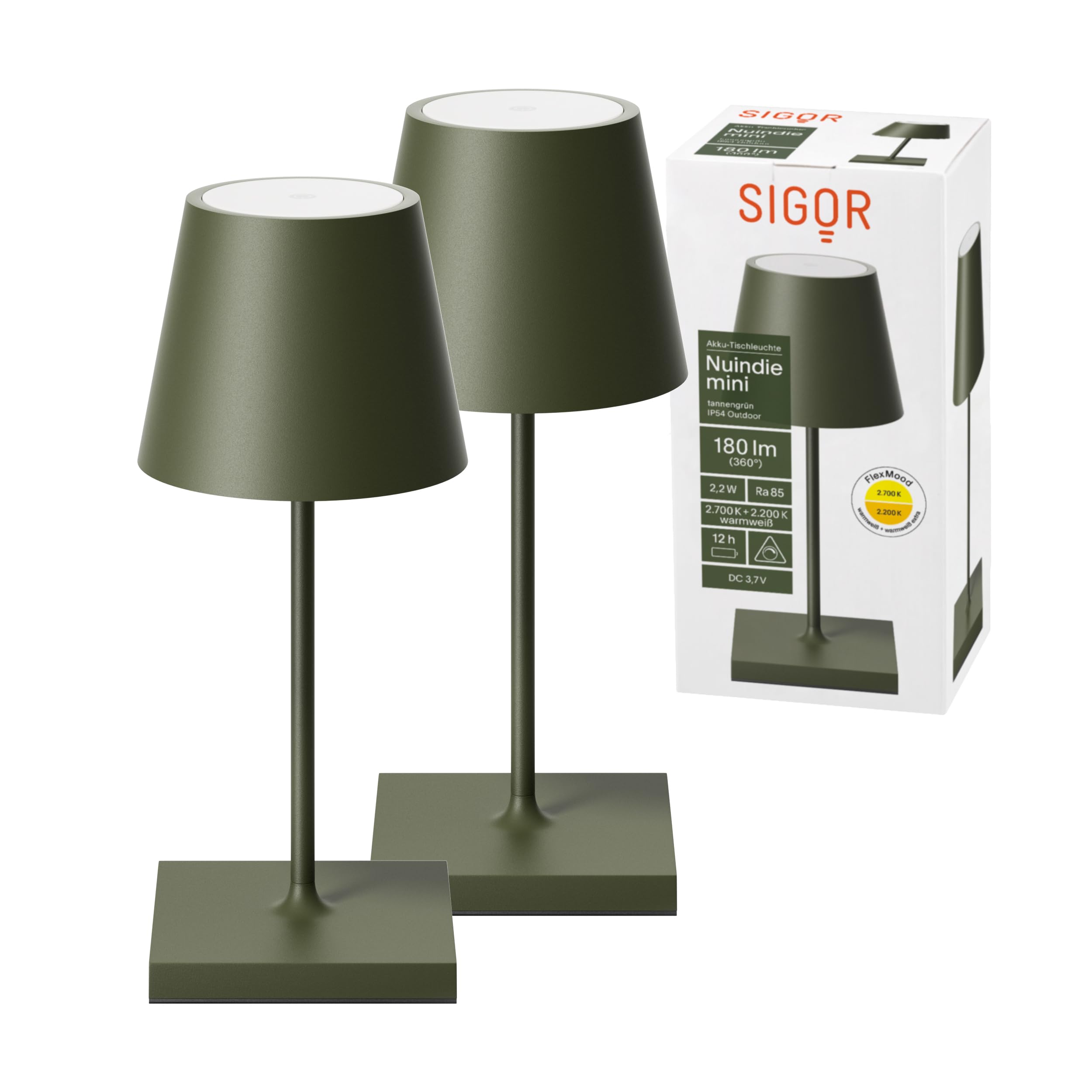 SIGOR 2 Stück Nuindie 2.0 mini - Dimmbare kleine LED Akku-Tischlampe Indoor & Outdoor, IP54 spritzwassergeschützt, Höhe 25 cm, aufladbar mit USB-C, 12 h Leuchtdauer, tannengrün