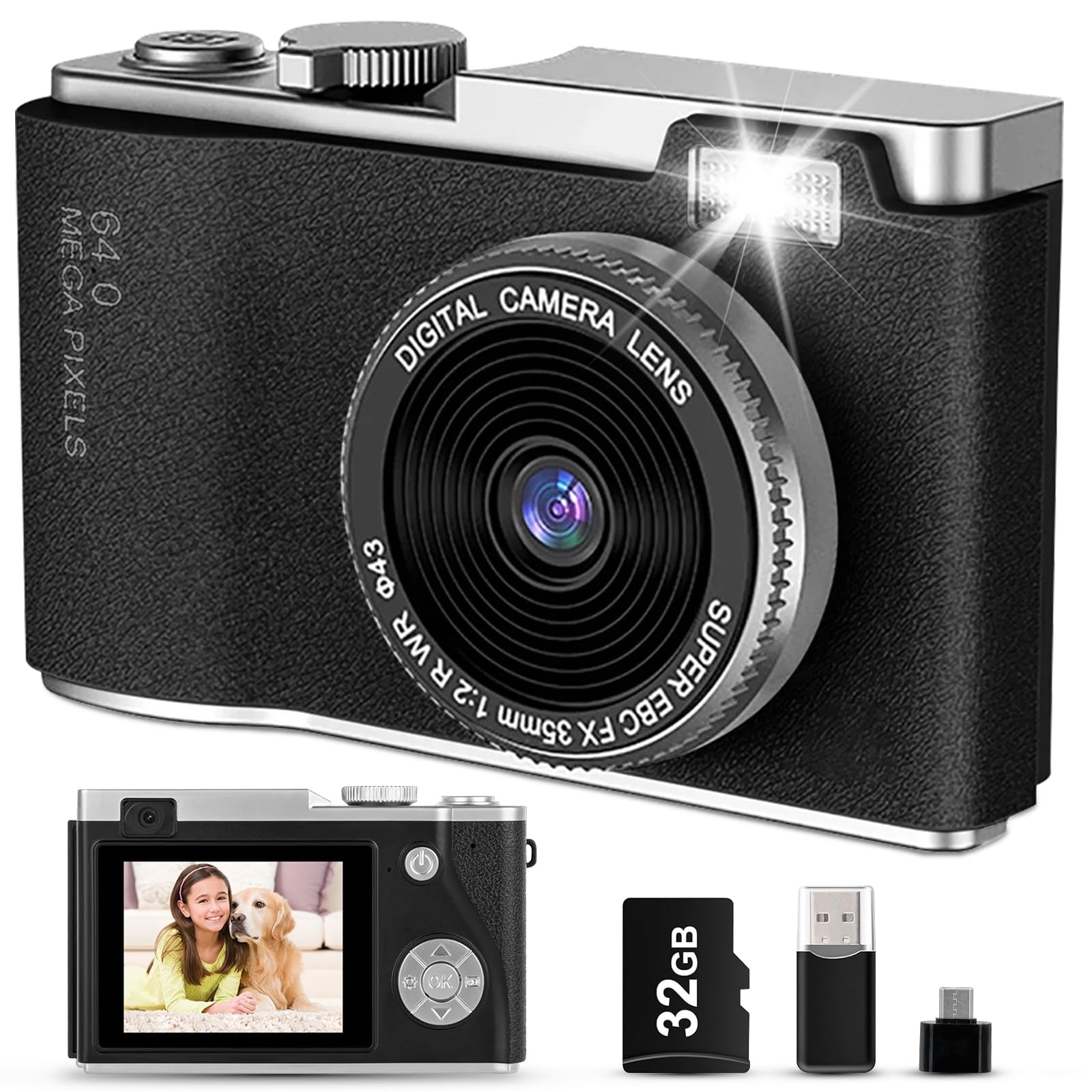 AKOFIC Kids Digital Camera - 1080P HD 2.4 Inch Screen, 48MP Dual Lens Selfie/Video With 32GB Card for 3-12 Years Old Girls Boys