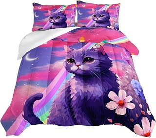 HOSIMA Cat Comforter Queen Size,Kawaii Bedding Sets Teen Girls Trendy Stuff Room Decor Aesthetic,Rainbow Cat Print Bedding Floral Comforter Purple Comforter Set Queen with 2 Pillowcases.