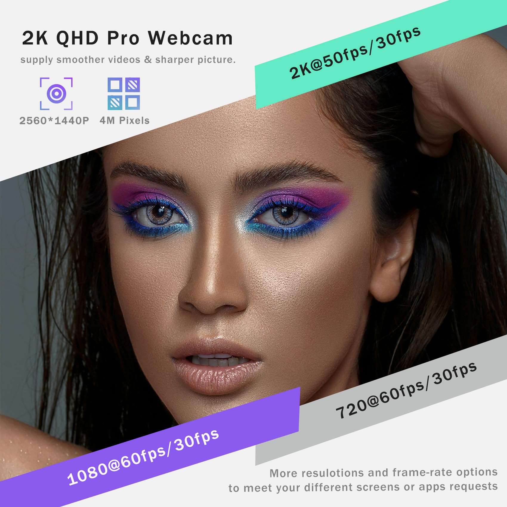 Cámara web para PC de 2 K, cámara web profesional con micrófonos duales, relleno de luz RGB y trípode, enfoque automático, FOV de 65 °, Plug and Play, Web Comera para computadora de