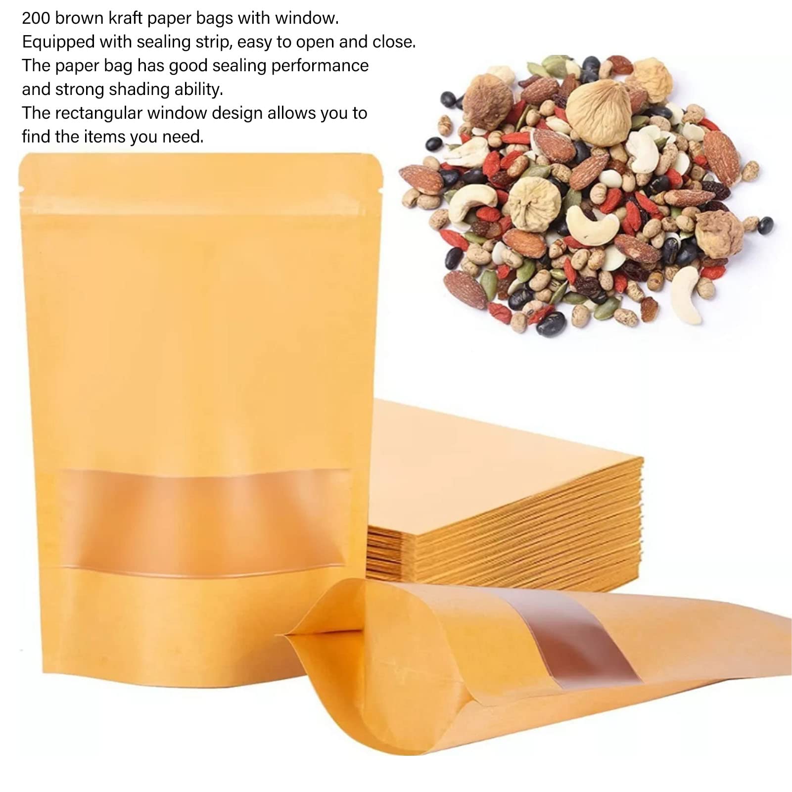 200 szt. Stojąca Torba Typu Worek Kraft Paper Zip Bag z