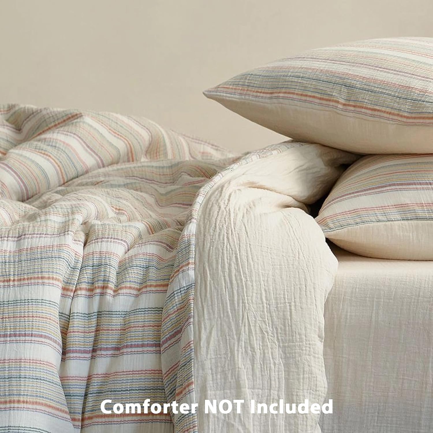 100% Cotton Muslin Duvet Cover King Size, Ultra Soft Breathable & Skin-Friendly Cotton Gauze for Hot Sleepers, Pastel Striped Pattern with Zipper Closure and Corner Ties (Beige, 104"x90")