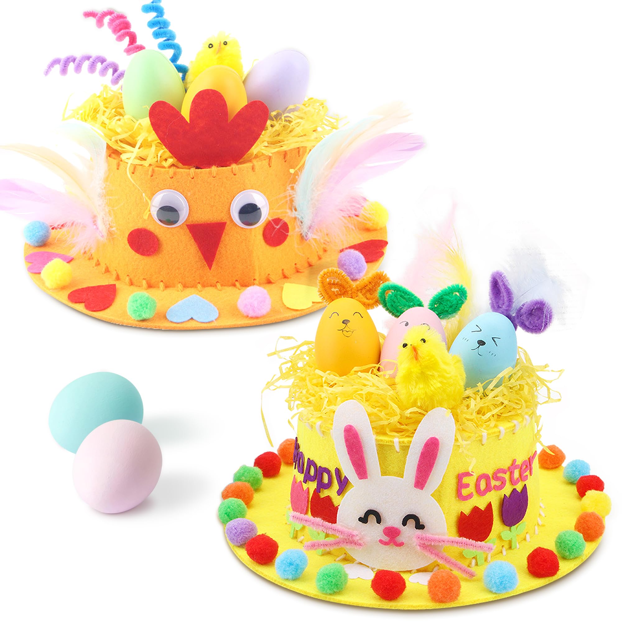Echehi Easter Bonnet Kit 2 Pcs (Yellow & Orange), DIY Easter Hat Kit, Unisex Children, Multicolour