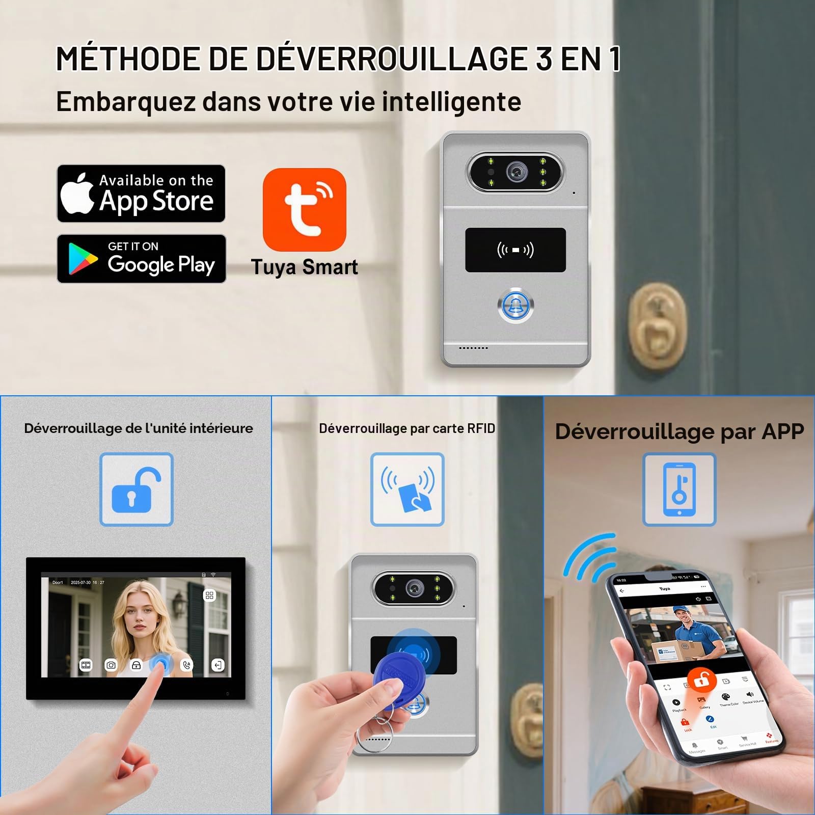 2 Fils WiFi Tuya Système Interphone Vidéo pour la Maison, Caméra de Sonnerie Vidéo 1080P HD avec Moniteur d'écran Tactile de 7 Pouces, Audio Bidirectionnel, Débloquage de APP/Carte RFID