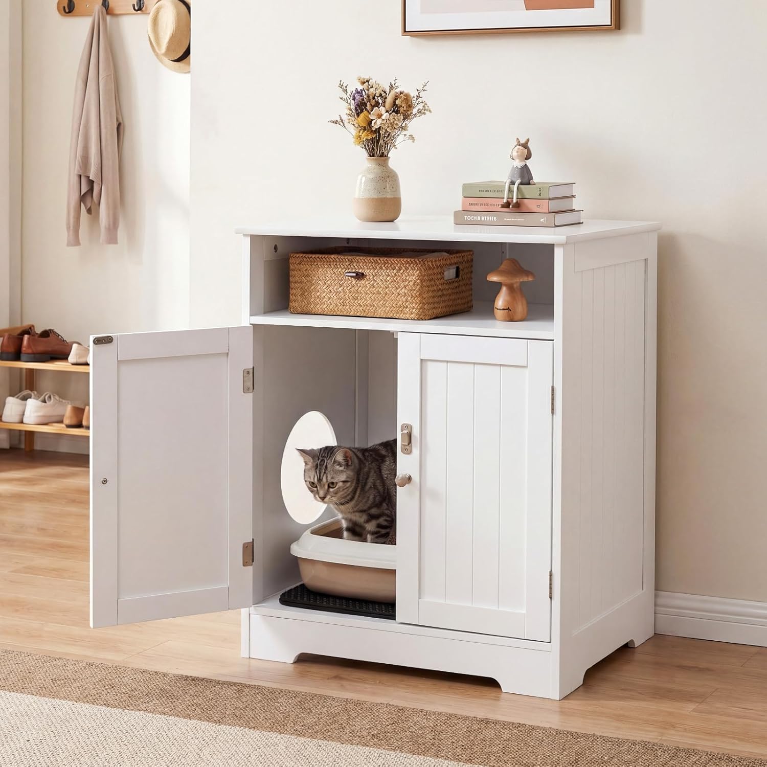 PETSITE White Cat Litter Box Enclosure, Modern Hidden Litter Box Furniture with Open Storage Shelf and Litter Mat, Cat Box Cabinet Side Table Nightstand for Indoor Cats, 23.5 x 17 x 27.5 in