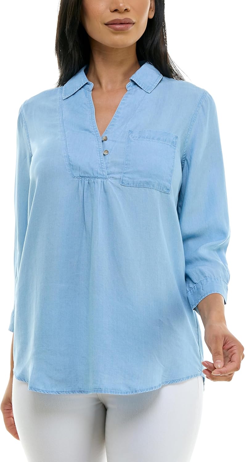 Zac & Rachel Womens Tencel Long Sleeve Pull Over Top with Front Chest Pocket, Collar Neck and Adjustable Button Up Neckline