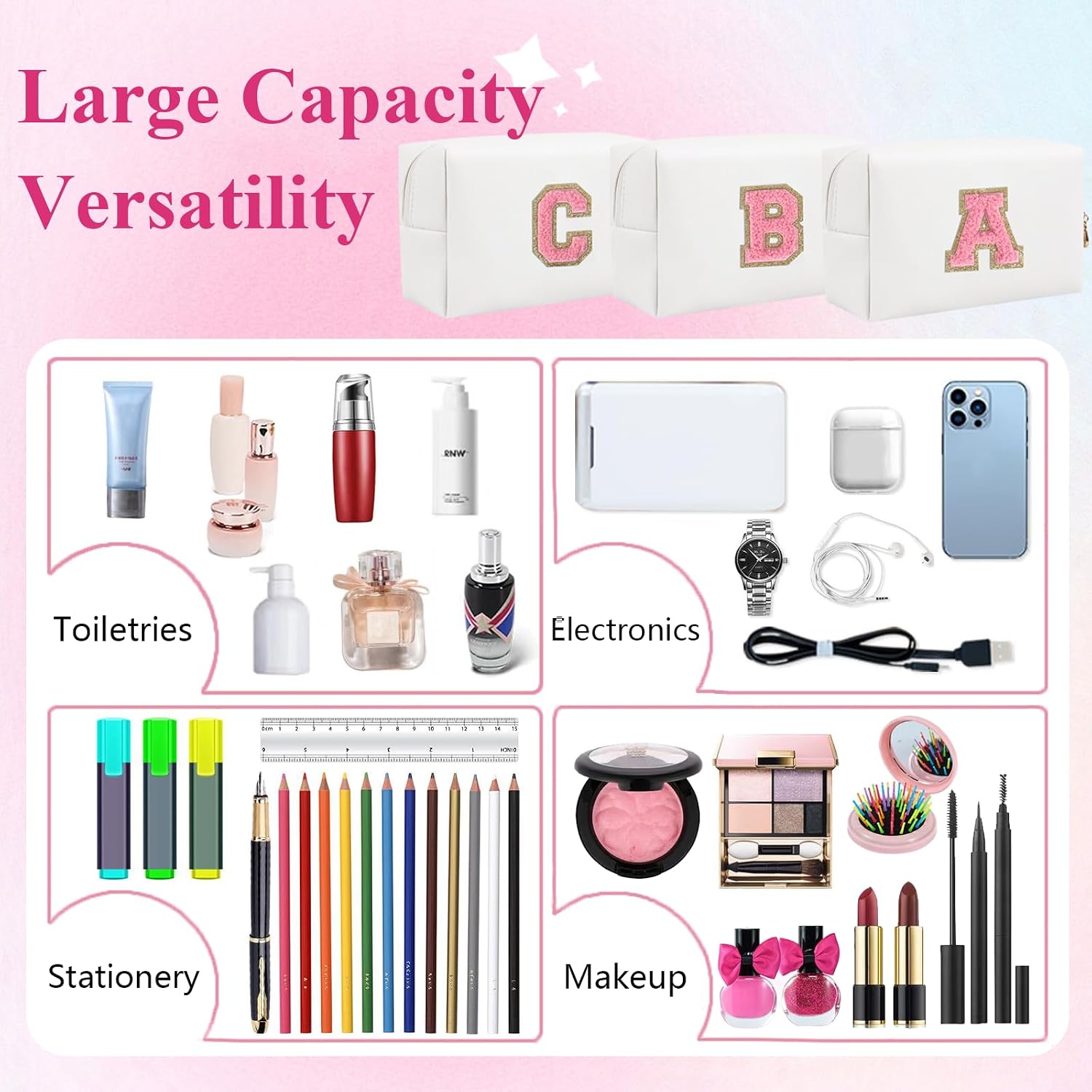 Personalized Preppy Patch Makeup Bag Waterproof PU Leather Travel Toiletry Bag with Zipper，Cosmetic Bag Women Friend Birthday Christmas Gifts image 4