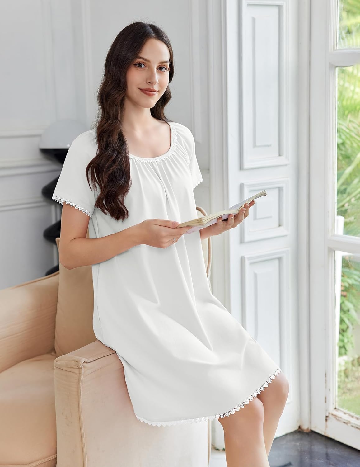 Ekouaer Cotton Nightgowns for Women Lace Trim Sleep Shirts Short Sleeve Night Shirts Sleep Dress with Pockets - Image 3