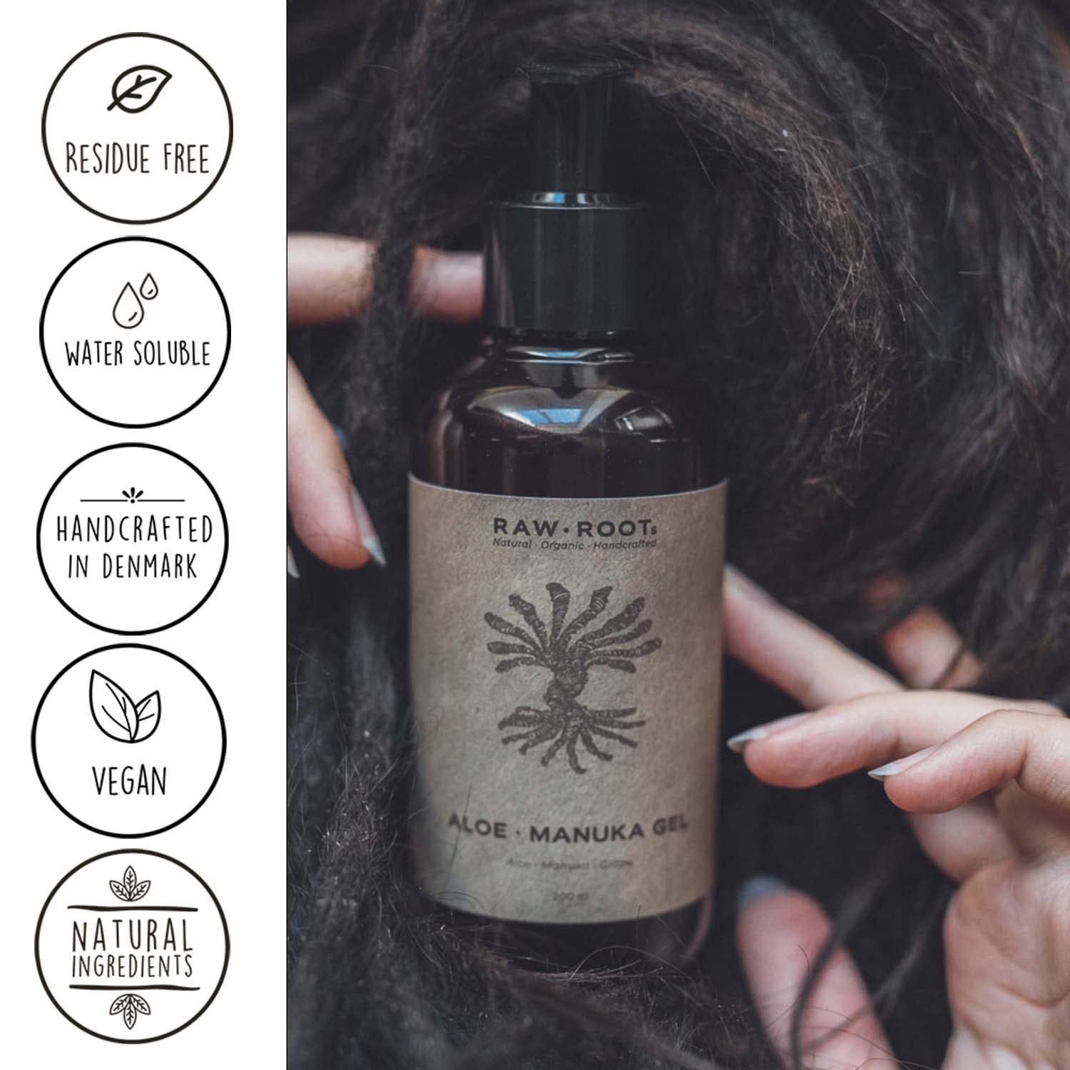 RAW ROOTs Gel rassodante da 200 ml, gel rassodante naturale per dreadlock con aloe e manuka, rafforza e stringe i locs, senza residui e vegano, senza siliconi, parabeni, solfati