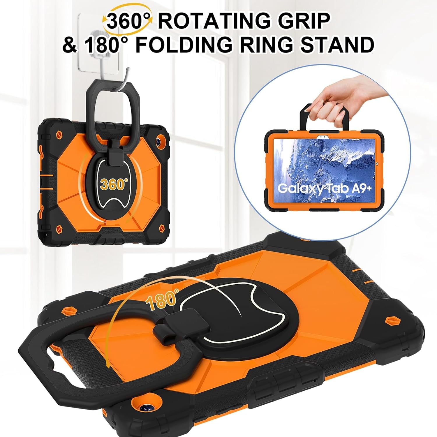 Case for Samsung Galaxy Tab A9 Plus/A9+ 11 Inch Model (SM-X210/X216/X218) with [Shoulder Strap] [Pencil Holder] 360° Rotating [Hand Girp & Stand] Shockproof Protective Case,Black+Orange
