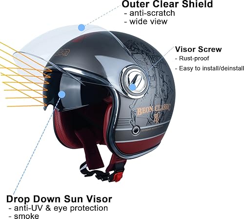 Miniatura 2 de Casco de motocicleta de cara abierta para adultos, aprobado por DOT, casco vintage 34 medio Vespa con doble visera para hombres y mujeres