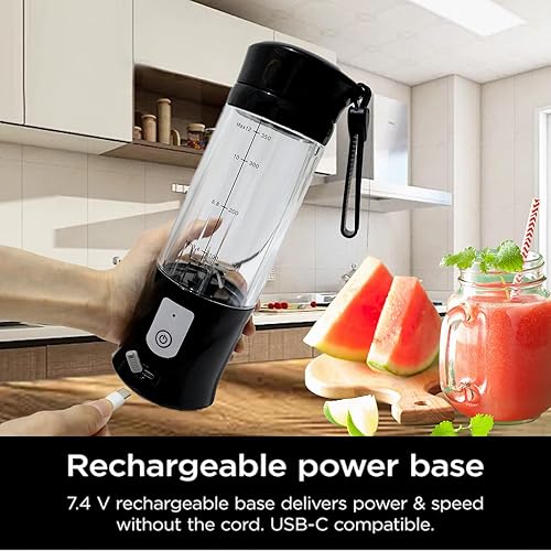 Miniatura 5 de Licuadora personal portátil, vaso exprimidor inalámbrico de 13 onzas, 6 cuchillas dentadas, con filtro, recargable por USB y autolimpiante, ideal