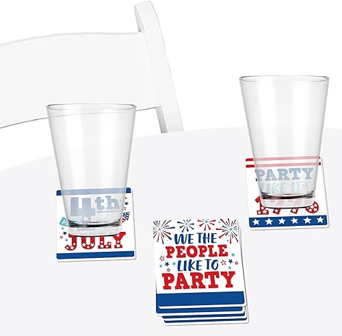 Miniatura 3 de Big Dot of Happiness Firecracker 4 de julio, divertidas decoraciones de fiesta en rojo, blanco y azul real, posavasos para bebidas, juego de 6