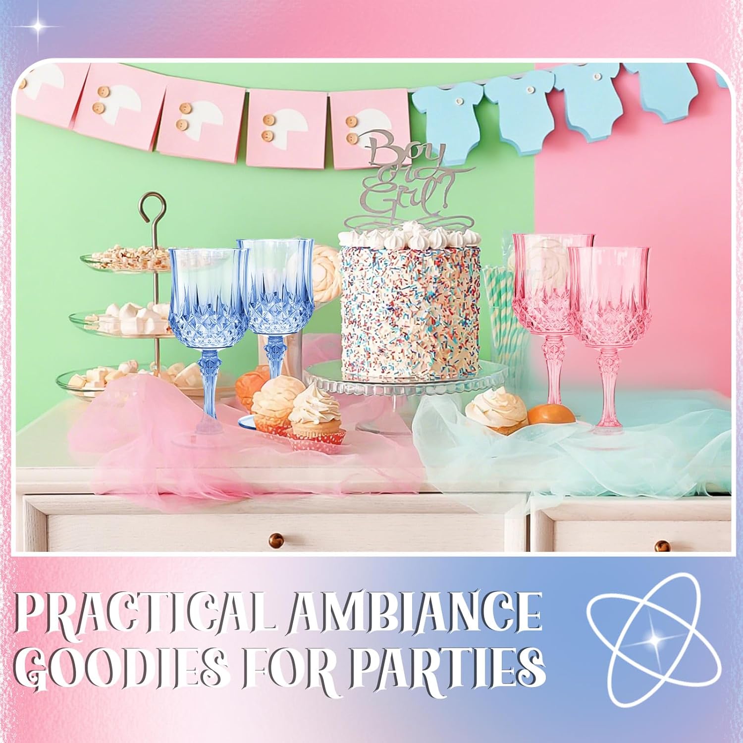 LemonRoad 24 Pcs Pink and Blue Plastic Wine Glasses Holiday Party Vintage Plastic Goblets Drinking Glasses for Wedding Reception Bridal Showers Grand Event Party Supplies