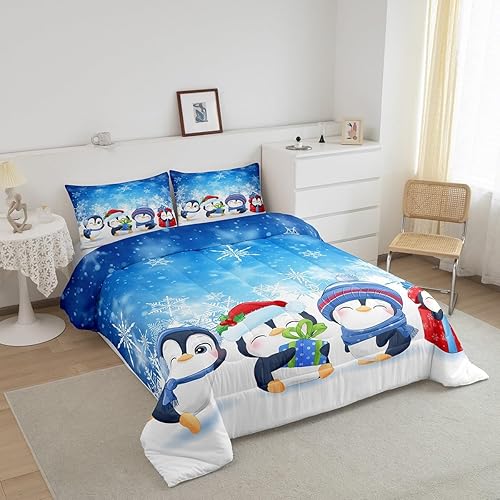 Miniatura 2 de Edredón de pingüinos de dibujos animados para niños, tamaño King, edredón de invierno geométrico abstracto con copos de nieve con 2 fundas de