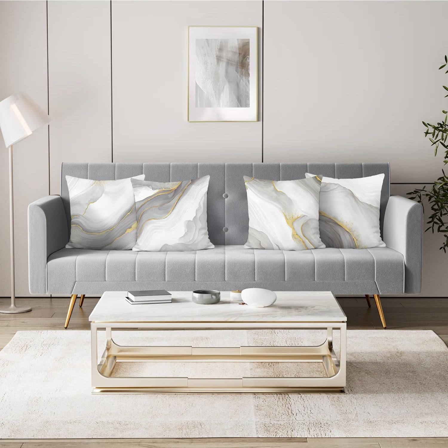 Bonhause Grey Gold Marble Throw Pillow Covers 18 x 18 Inch Modern Abstract Marble Texture Decorative Pillows Case Soft Velvet Cushion Covers for Couch Sofa Bed Home Decor Set of 4 - Image 2