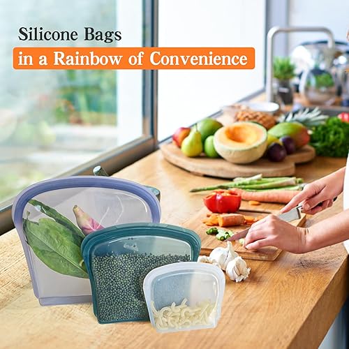 Miniatura 6 de KVK Bolsas de silicona reutilizables de platino  Paquete de 4 bolsas planas de silicona para aperitivos  Bolsas de almacenamiento de alimentos de