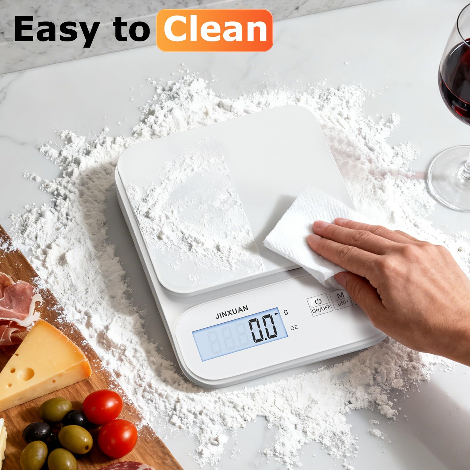 Küchenwaage, 5 kg/0,1 g, präzise wiederaufladbare digitale Waage, Gramm, Lebensmittelwaage für Küche, großes LCD-Display zum Backen, Kochen, Weiß