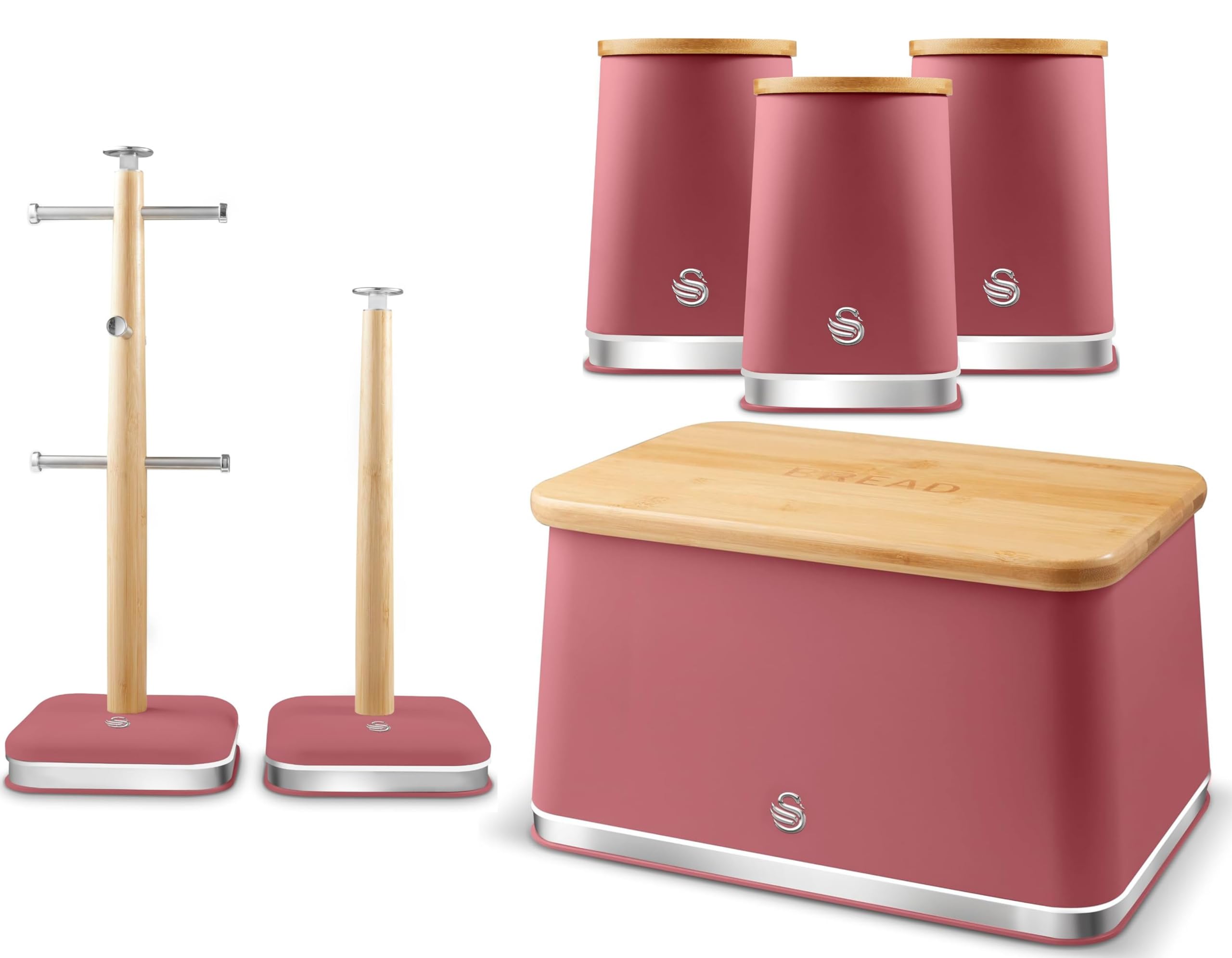 Swan Pink Nordic Fuchsia Rose Bread Bin, Canisters, Mug Tree & Towel Pole. Scandinavian Inspired Minimalist Design Kitchen Storage Set. Matt Fuchsia Finish, Stainless Steel Accents And Acacia Wood