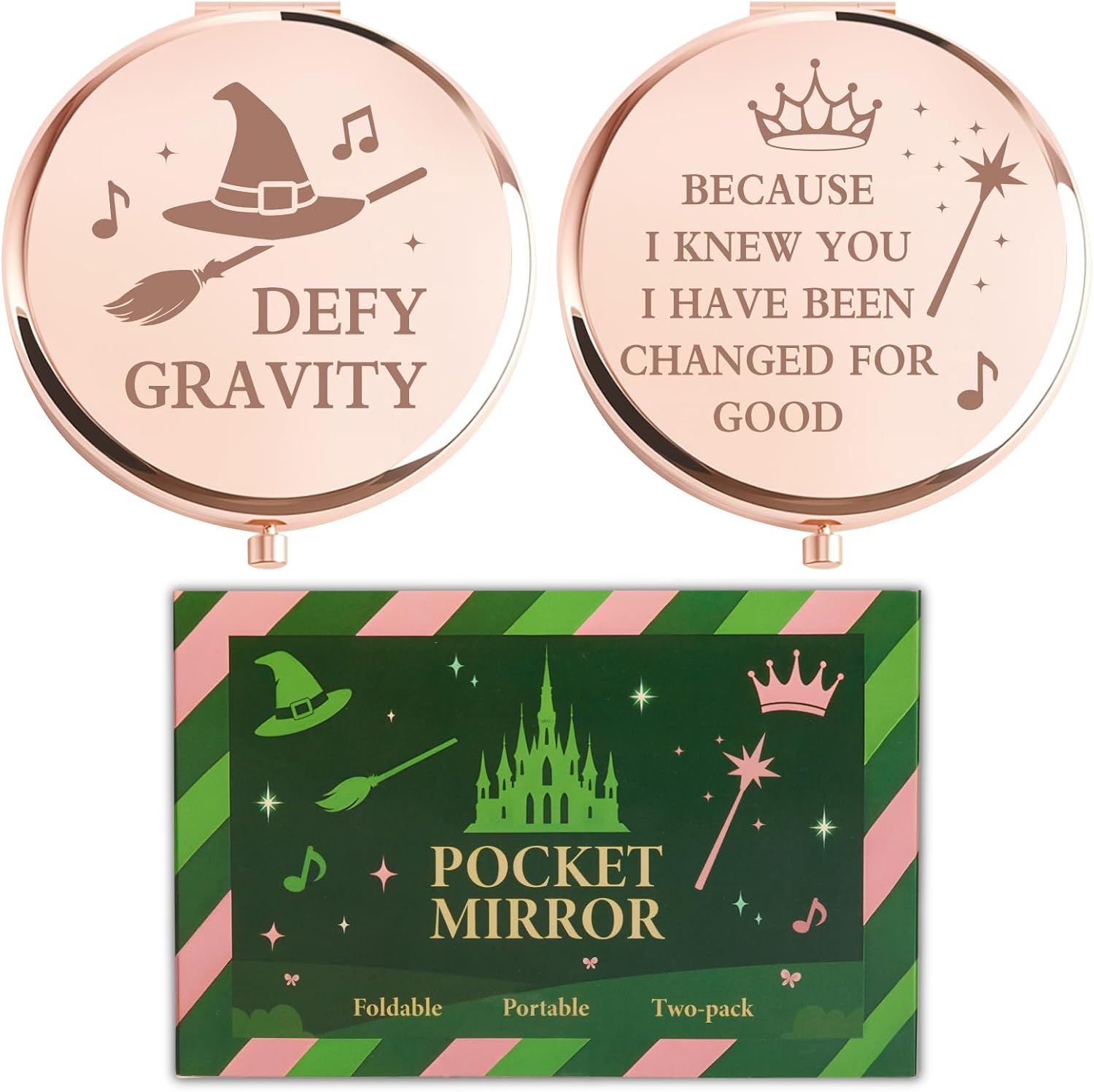 2 Pcs Witch Pocket Mirrors – Witch Compact Makeup Mirror with Hat, Broom & Crown Wand Design, Movie or Musical Theatre Merch Stuff Gifts for Women & Girls (Rose Gold)