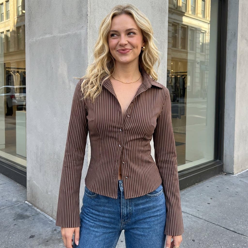 Camicia Donna,Camicia Slim a Righe da Donna, con Bottoni e Maniche Lunghe, Ideale per Il tragitto casa-Lavoro.